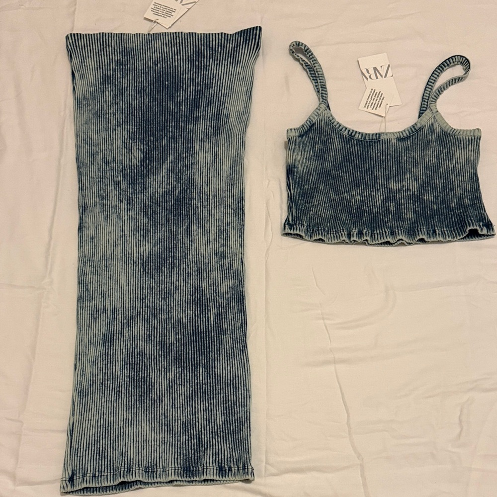 Ribbed Two-Piece Crop Top & Skirt Set in Washed Blue